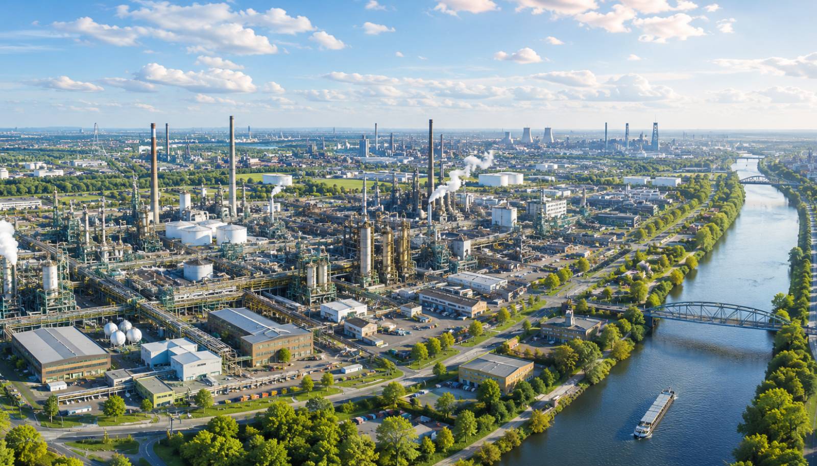 Luftaufnahme eines modernen Industrieareals im Ruhrgebiet mit Produktionsanlagen, Wasserwegen und Infrastruktur